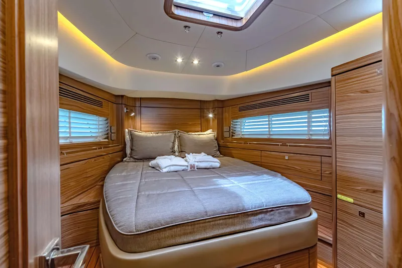 Nordhavn 41 Yacht Photos Pics Luxurious cabin interior of 2023 Nordhavn 41 yacht with wood paneling and ambient lighting.