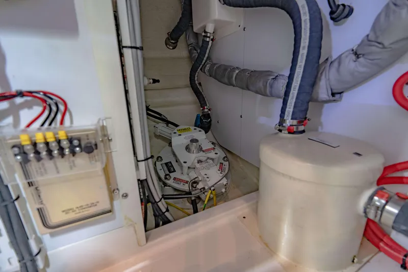 Nordhavn 41 Yacht Photos Pics Engine room of 2023 Nordhavn 41 yacht, featuring mechanical components and wiring.