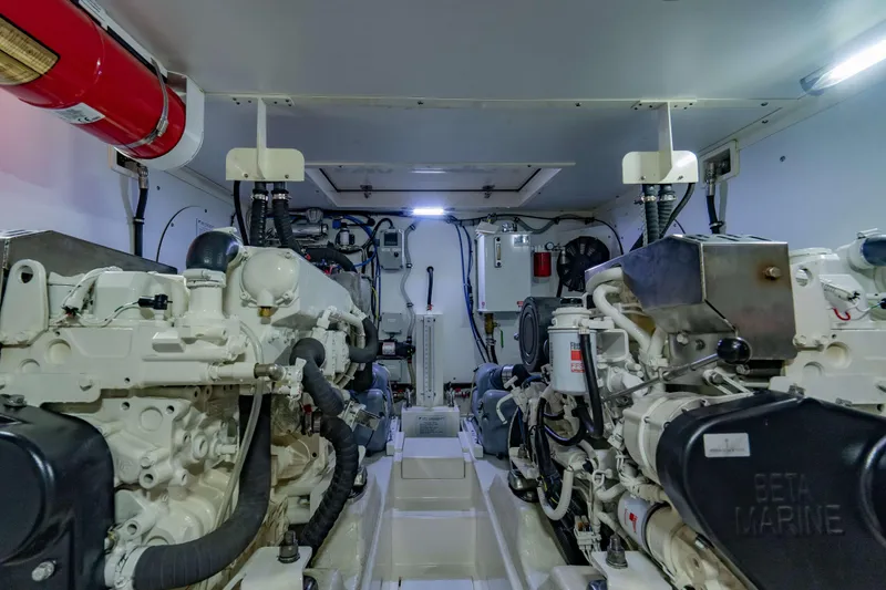 Nordhavn 41 Yacht Photos Pics Engine room of 2023 Nordhavn 41 yacht, featuring dual engines and fire suppression system.