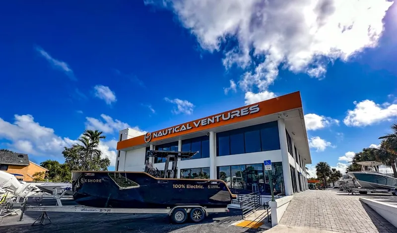  Yacht Photos Pics X Shore Eelex 8000 electric boat outside Nautical Ventures dealership, 2023 model.
