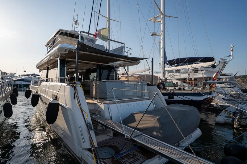  Yacht Photos Pics Luxury yacht Prestige X60, 2023 model, docked at marina under clear sky.