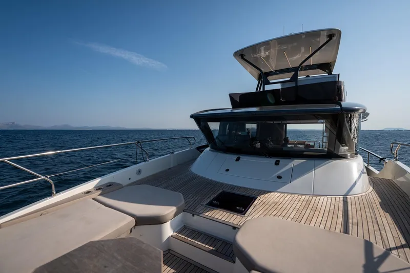  Yacht Photos Pics Luxurious 2023 Prestige X60 yacht on open sea with spacious deck and modern design.
