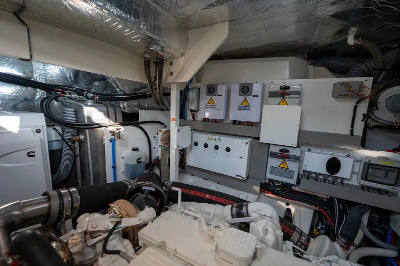  Yacht Photos Pics Engine room of 2023 Prestige X60 yacht with advanced electrical systems and components.