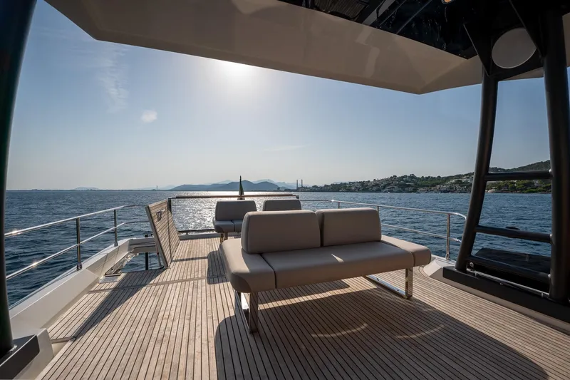  Yacht Photos Pics Luxurious 2023 Prestige X60 yacht deck with elegant seating, overlooking serene ocean views.