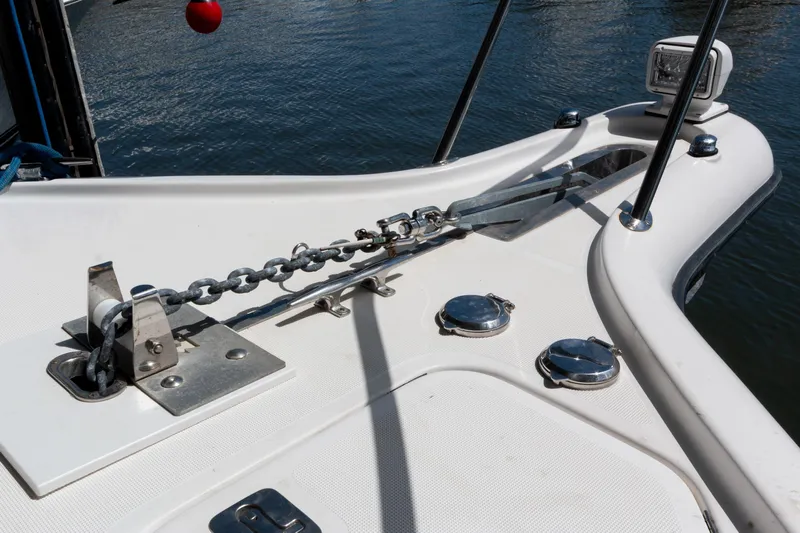 Her Majesty Yacht Photos Pics Bow of 2007 Tiara Yachts 3800 Open with anchor chain and fittings.