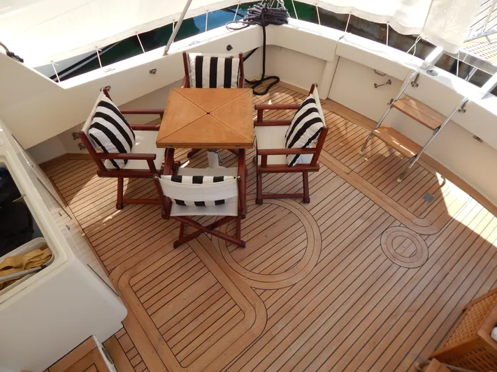  Yacht Photos Pics 1989 Hatteras 45 Convertible yacht deck with wooden flooring and striped cushioned chairs.