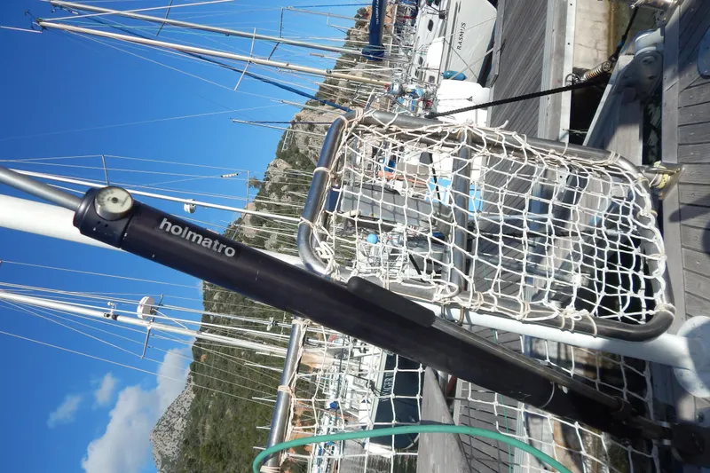  Yacht Photos Pics Sailboat deck with netting and Holmatro equipment, Tayana 55, 1992 model.