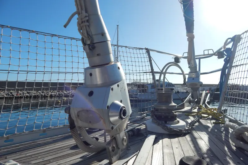  Yacht Photos Pics Deck view of a 1992 Tayana 55 sailboat, featuring rigging and winch details.