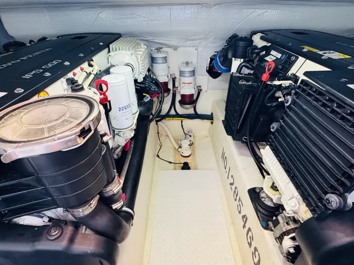 On Holidays - Reserved Yacht Photos Pics Engine room of 2018 Sabre 42 Salon Express with Volvo Penta IPS 600 engines.