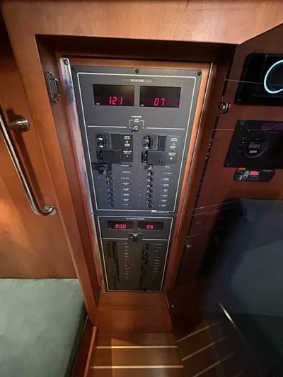 N'baluba Yacht Photos Pics Electrical control panel inside 2008 Rivolta Coupe 4.5, featuring digital displays and switches.