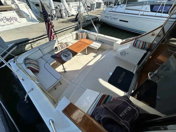 N'baluba Yacht Photos Pics Luxurious 2008 Rivolta Coupe 4.5 yacht interior with seating and table, docked at marina.