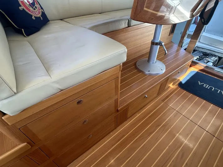 N'baluba Yacht Photos Pics Luxurious interior of 2008 Rivolta Coupe 4.5 with wooden flooring and cushioned seating.