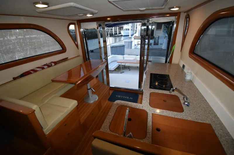 N'baluba Yacht Photos Pics Luxurious interior of 2008 Rivolta Coupe 4.5 yacht with kitchenette and seating area.