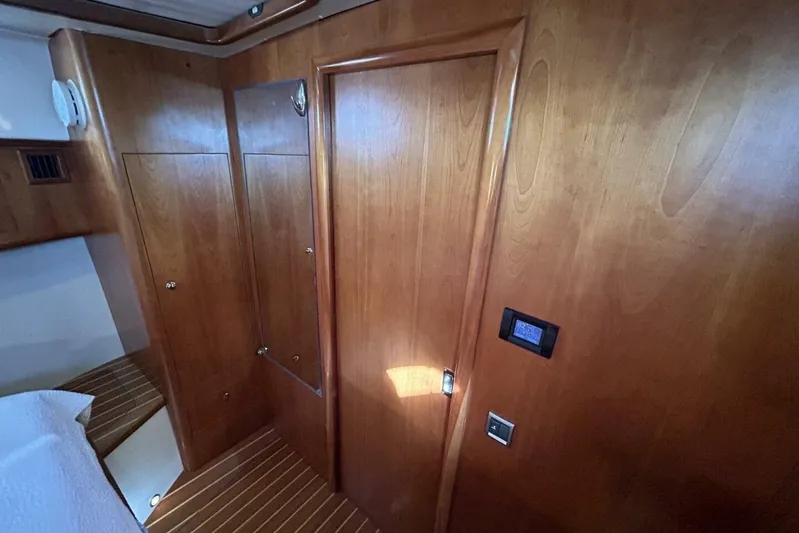 N'baluba Yacht Photos Pics Wood-paneled interior of 2008 Rivolta Coupe 4.5, featuring sleek cabinetry and modern controls.