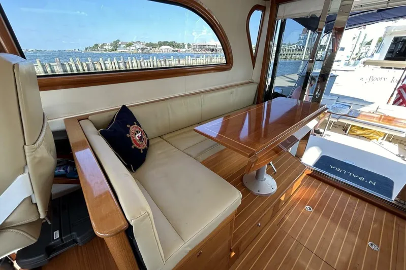 N'baluba Yacht Photos Pics Luxurious 2008 Rivolta Coupe 4.5 interior with elegant seating and wooden table, overlooking marina.