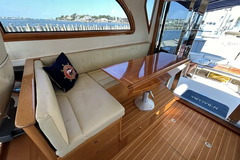 N'baluba Yacht Photos Pics Luxurious interior of 2008 Rivolta Coupe 4.5 yacht with elegant wood and leather seating.