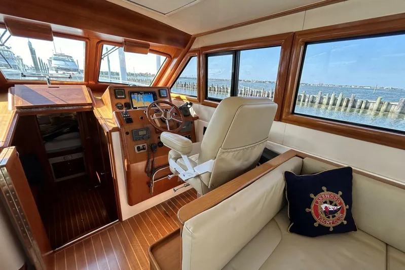 N'baluba Yacht Photos Pics Luxurious 2008 Rivolta Coupe 4.5 yacht interior with wooden accents and scenic water view.
