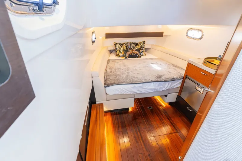 Pirates Bight Yacht Photos Pics Luxurious cabin interior of 2019 Pursuit 408 boat with elegant bedding and wooden flooring.