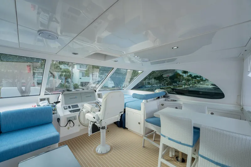 Mystic Soul Yacht Photos Pics Luxurious interior of 2019 Horizon PC52 yacht with modern seating and navigation equipment.