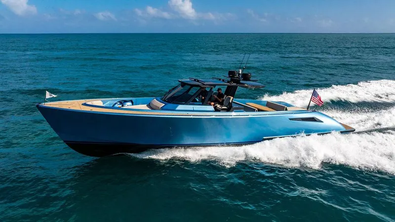 Elizabeth Yacht Photos Pics 2022 Wajer 55 S yacht cruising on open sea, showcasing sleek design and luxury.