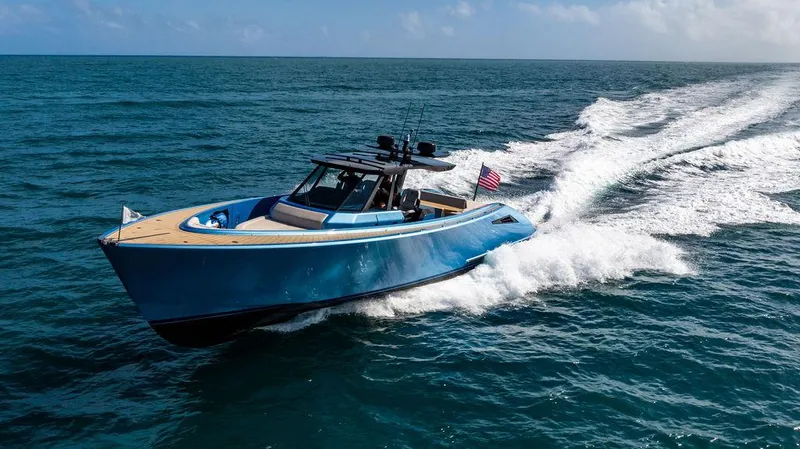 Elizabeth Yacht Photos Pics 2022 Wajer 55 S yacht cruising on open sea, showcasing sleek design and performance.