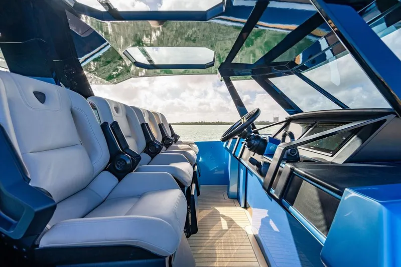 Elizabeth Yacht Photos Pics Interior of 2022 Wajer 55 S yacht with luxurious seating and modern dashboard.