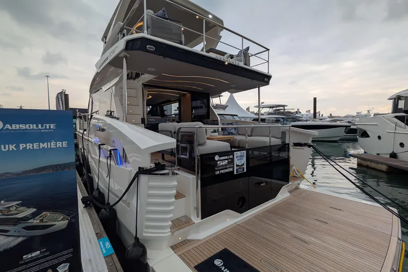  Yacht Photos Pics Luxury Absolute 52 FLY yacht, 2025 model, showcased at marina during UK premiere event.