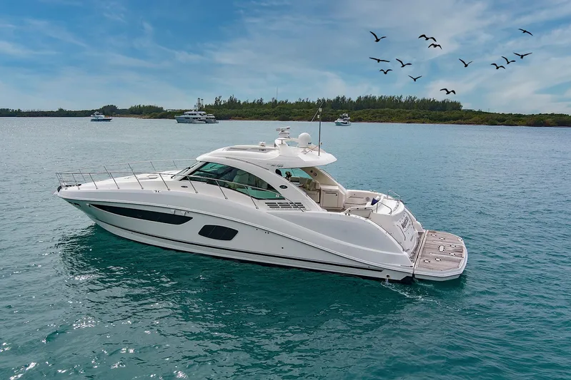Majestic Stars Yacht Photos Pics 2012 Sea Ray Sundancer 580 yacht cruising on serene waters with birds overhead.