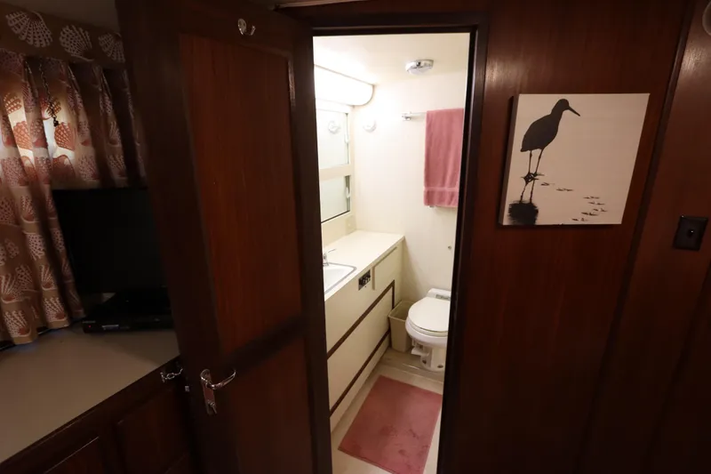 Sea Breeze Yacht Photos Pics Interior of 1985 Hatteras 43 Motor Yacht bathroom with wood accents and bird artwork.