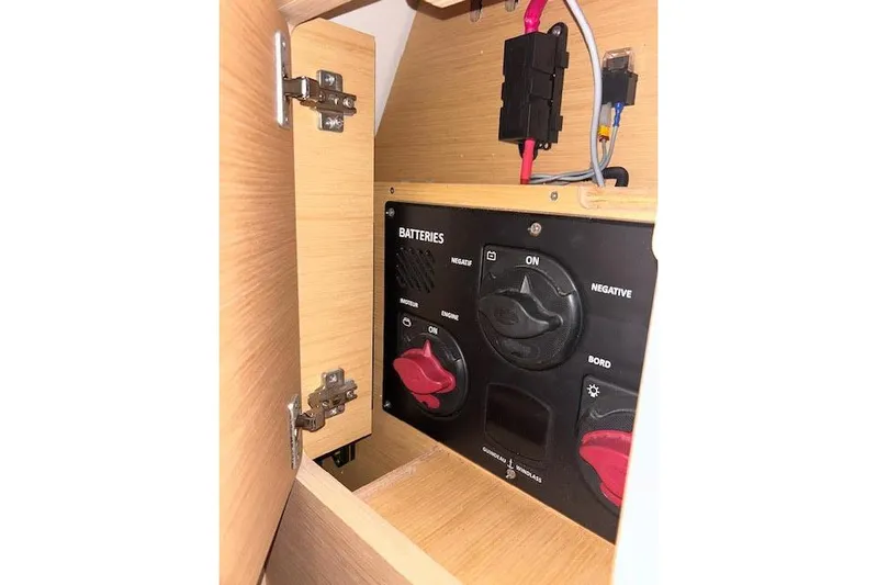 Agua Especial Yacht Photos Pics Battery control panel inside Jeanneau 54 yacht, 2016 model, with switches and wiring.