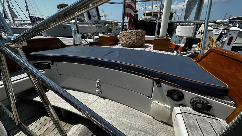 Nala Yacht Photos Pics 2004 Lyman-Morse Sparkman & Stephens Sloop deck with seating and nautical equipment.