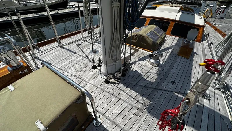 Nala Yacht Photos Pics Deck of 2004 Lyman-Morse Sparkman & Stephens Sloop with wooden finish and rigging details.