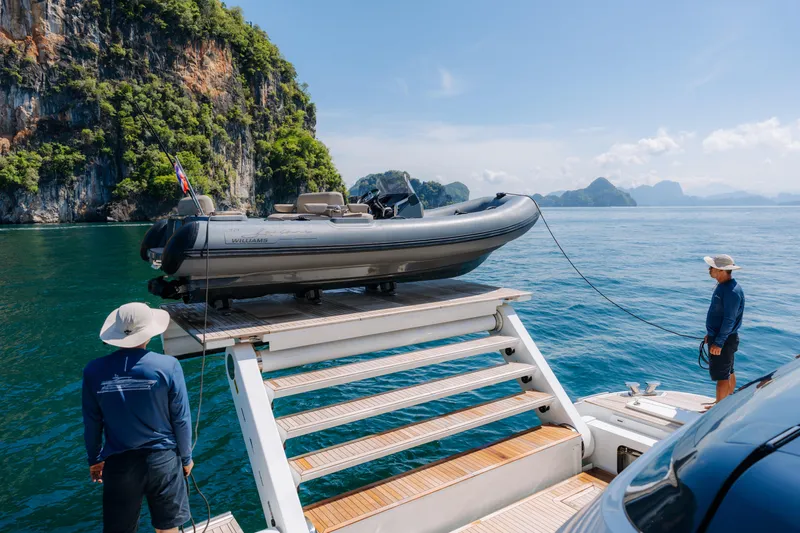  Yacht Photos Pics Luxury yacht Princess Y95 with tender boat, scenic ocean view, 2023 model.