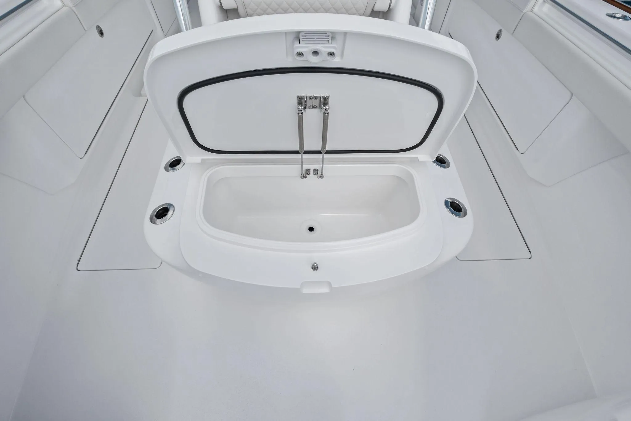 2026 Valhalla Boatworks V-37 interior storage compartment, open and spacious design.