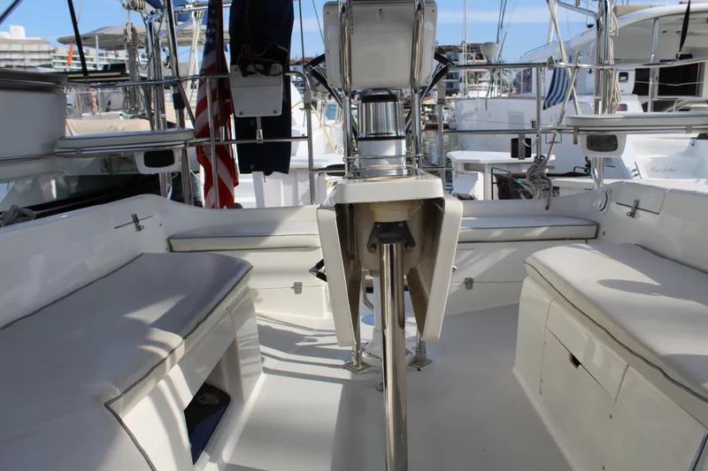 Cuckoo's Nest II Yacht Photos Pics Cockpit of 2002 Catalina MkII sailboat with seating and steering wheel.