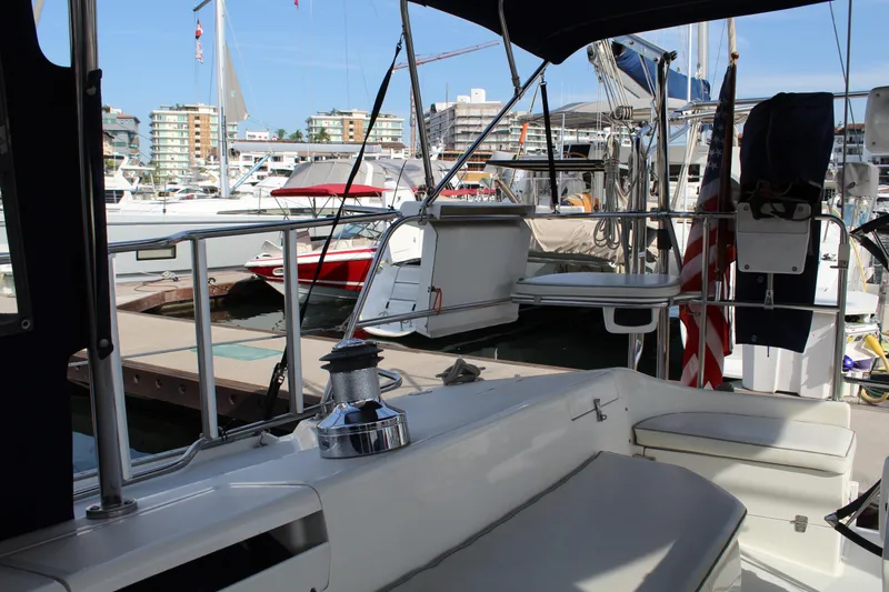 Cuckoo's Nest II Yacht Photos Pics Cockpit view of a 2002 Catalina MkII sailboat docked in a marina.