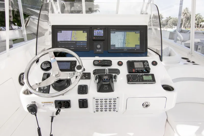  Yacht Photos Pics Helm of 2016 Intrepid 400 Cuddy with advanced navigation and control systems.