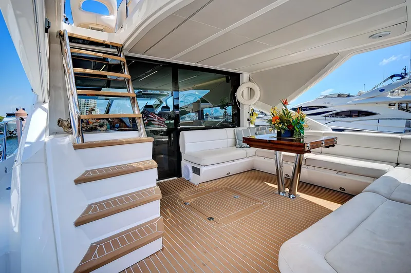 Once Around Yacht Photos Pics 2017 Sunseeker 68 Sport Yacht deck with seating area and table, featuring modern design.