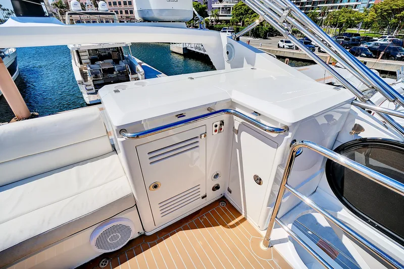 Once Around Yacht Photos Pics 2017 Sunseeker 68 Sport Yacht deck with seating and storage compartments.