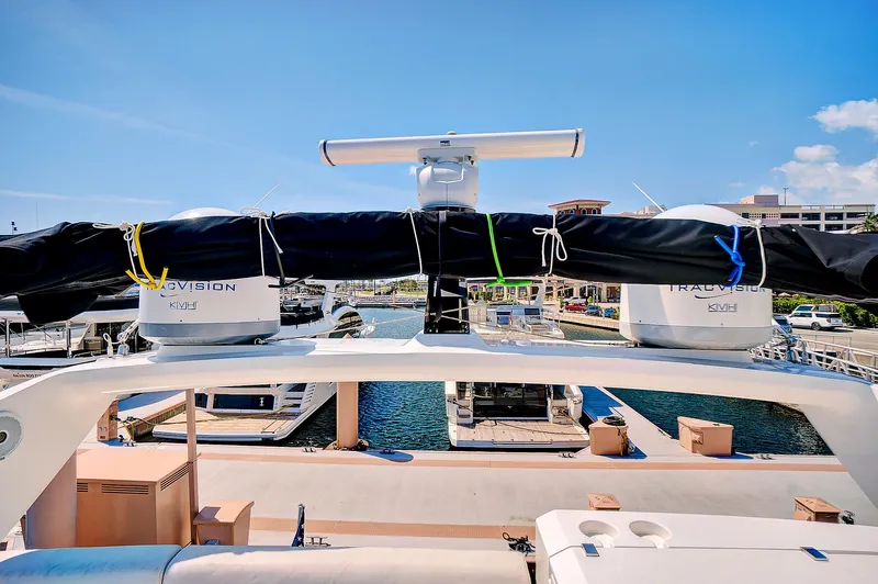 Once Around Yacht Photos Pics 2017 Sunseeker 68 Sport Yacht docked at a marina, rear view.