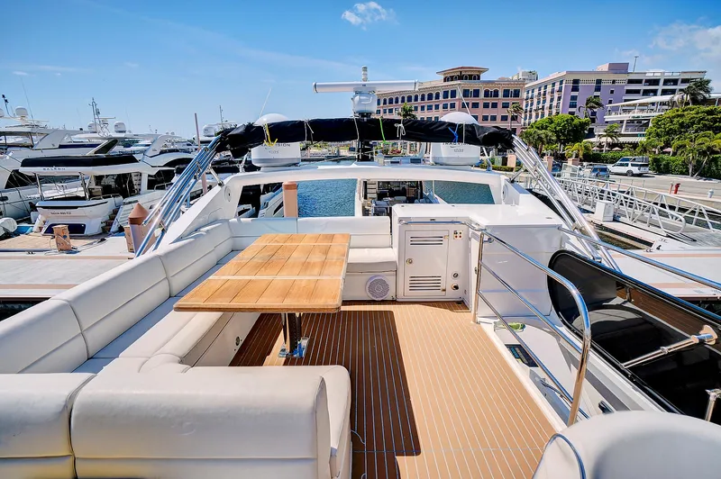 Once Around Yacht Photos Pics 2017 Sunseeker 68 Sport Yacht with spacious deck and luxurious seating.