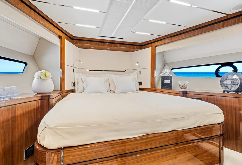 Once Around Yacht Photos Pics Luxurious bedroom interior of 2017 Sunseeker 68 Sport Yacht with modern design and ocean view.