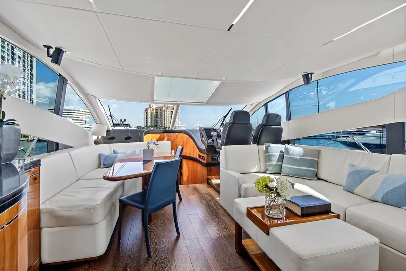Once Around Yacht Photos Pics Luxurious interior of 2017 Sunseeker 68 Sport Yacht with modern furnishings and panoramic windows.
