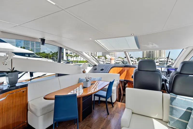 Once Around Yacht Photos Pics Luxurious interior of 2017 Sunseeker 68 Sport Yacht with modern seating and dining area.