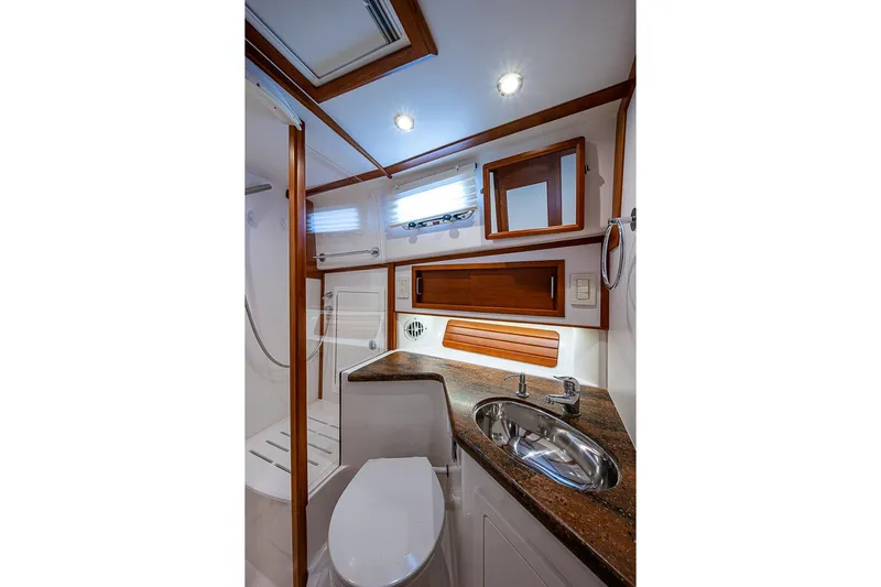  Yacht Photos Pics Luxurious bathroom in 2016 Sabre 42 Salon Express yacht with modern fixtures.
