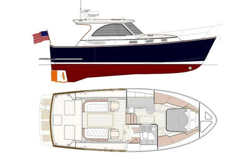 Off Islander Yacht Photos Pics 2007 Legacy Yachts 32 side and top view, featuring sleek design and spacious interior layout.