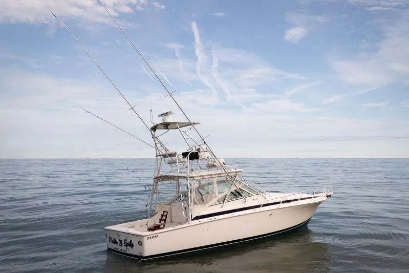 Marlin Spike Yacht Photos Pics 1998 Bertram 36 Moppie boat on calm ocean under clear sky.