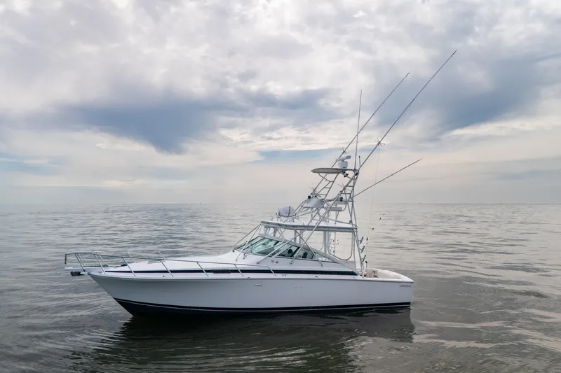 Marlin Spike Yacht Photos Pics 1998 Bertram 36 Moppie boat on calm ocean under cloudy sky.