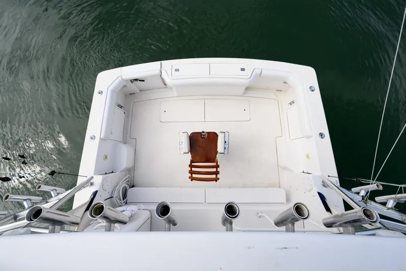 Marlin Spike Yacht Photos Pics Overhead view of 1998 Bertram 36 Moppie boat deck with fishing chair.
