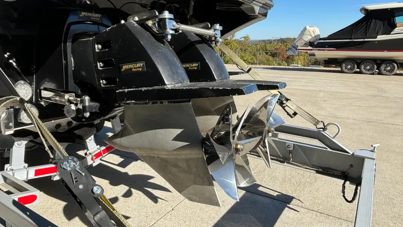  Yacht Photos Pics 2008 Fountain 47 Lightning boat with Mercury outboard engines on a trailer.